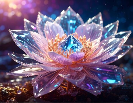 A translucent, crystalline lotus flower with a diamond-like center, radiating a soft, ethereal glow against a bokeh backdrop