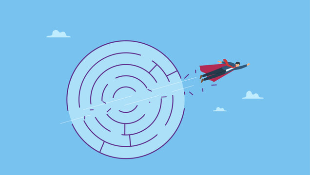 Businessman flying breakthrough difficult maze labyrinth. Breakthrough obstacle or problem with creativity, leadership determination to overcome difficulty and progress to success.