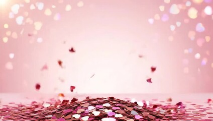 Pink heart glitter falling and accumulating on a light pink surface, creating a romantic and festive atmosphere.