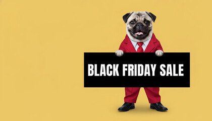 Pug Dog in Red Suit Holding Black Friday Sale Sign – Copy Space Left
