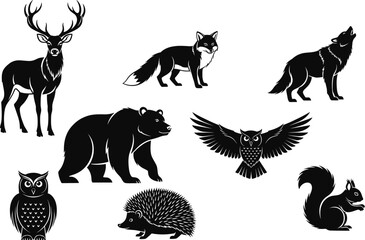 Wild forest animal silhouette vector illustration set with deer, bear, fox, wolf, owl, hedgehog, and squirrel, perfect for nature and wildlife design