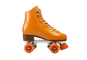 Orange roller skate with white wheels and matching laces, isolated on a transparent background