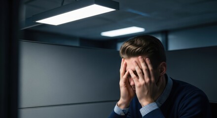 Young caucasian man looking stressed with hands covering face in office. Concept of emotional crisis, mental health, suffering, and exhaustion.