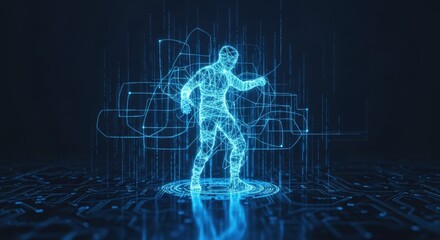 Human silhouette made of glowing blue lines on a dark background showing data flow. Digital identity and virtual reality concept for future technology.