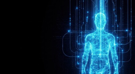 Holographic projection of human silhouette. Data transfer and digital consciousness. Artificial intelligence and virtual reality for future technology.