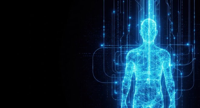 Holographic projection of human silhouette. Data transfer and digital consciousness. Artificial intelligence and virtual reality for future technology.