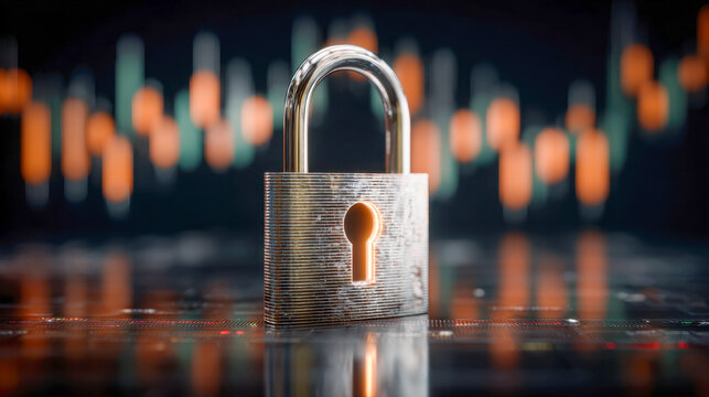 Metal padlock symbolizing digital security and data protection with blurred colorful financial charts in the background reflecting cybersecurity concepts in technolo