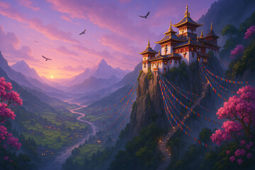 Majestic Monastery on Mountain Cliff at Sunrise with Prayer Flags – Himalayan Fantasy Landscape