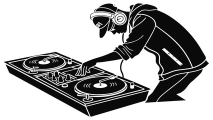 Silhouette of a dj in a hoodie and cap using a turntable with headphones on a white background scene vreated with genrated ai