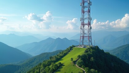 Telecommunication tower on hill with mountain background. Red white metal construction provides cellular network signal, radio broadcast. Transmitter antenna ensures wireless communication on hill