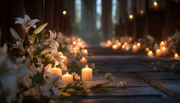 Church candles with lilies, and aisle.