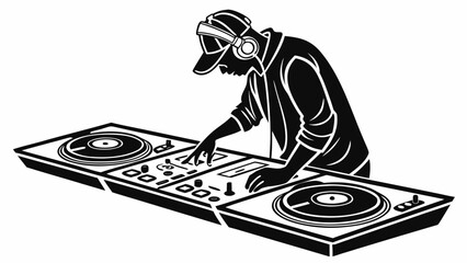 Illustration of a dj with headphones playing music on a turntable with a cap and jacket on stage vreated with genrated ai
