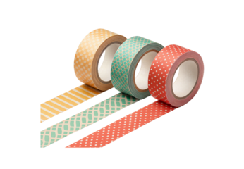 Three decorative washi tape rolls in yellow, mint, and coral colors, isolated on a transparent background