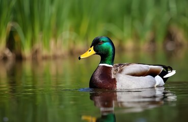 Fototapeta premium Male mallard duck swims serene. Bird floats on water with green background. Aquatic animal poses in natural habitat. Wild duck on lake surface reflects in water.