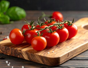 Fresh, vibrant tomatoes on a rustic wooden cutting board with basil leaves in the background