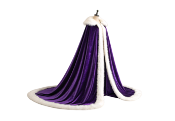 Purple ceremonial cloak with white fur border shown from side angle, isolated on a transparent background