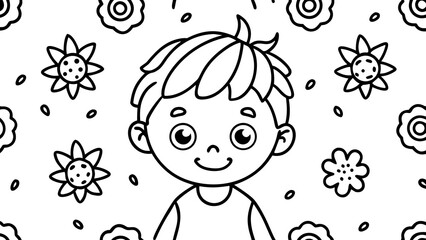 Smiling boy surrounded by flowers isolated on for coloring book