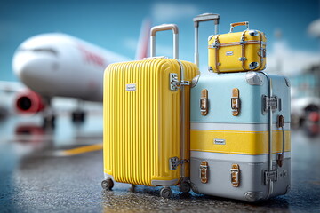 3d render of yellow and grey luggage with a suitcase next to a window at an airport, with an airplane in the background and a blue sky. travel concept.