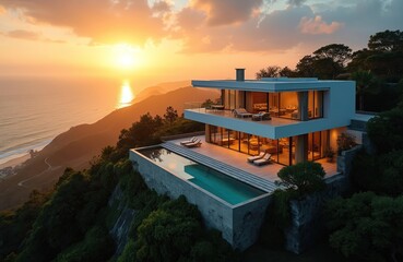 Modern luxury villa on cliffside overlooks ocean sunset. Infinity pool and spacious deck invite relaxation. Contemporary architecture blends with natural landscape, offering serene coastal views.