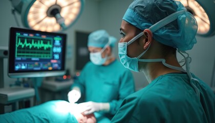 Surgeon monitors patient vitals during operation. Medical team performs surgery in operation room. Modern medical equipment displays health data on screen. Healthcare professionals wear masks gloves.
