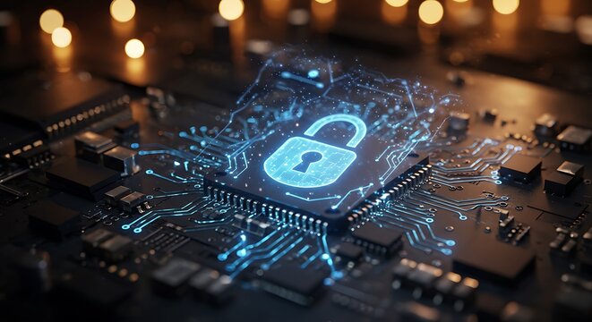 A glowing digital padlock icon hovers over a complex computer motherboard, representing cybersecurity, data protection, and network security