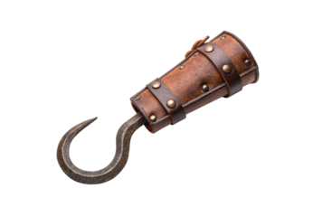 Leather-wrapped pirate hook prosthetic with metal curved blade and studded straps, isolated on a transparent background