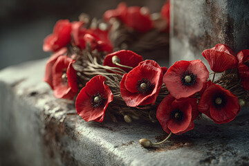 A red poppy wreath laid on a war memorial in remembrance of war dead