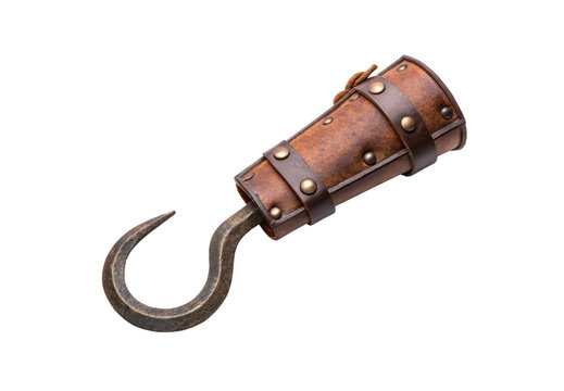 Leather-wrapped pirate hook prosthetic with metal curved blade and studded straps, isolated on a transparent background