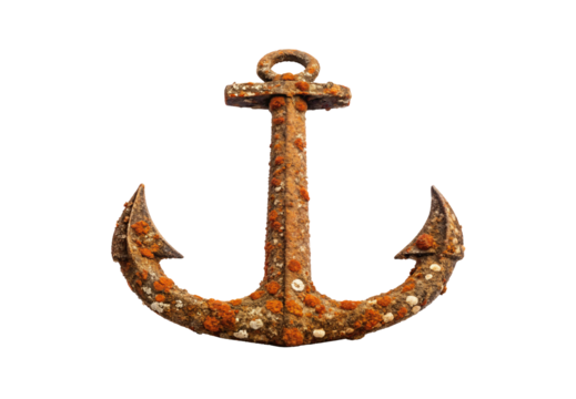 Weathered rusty nautical anchor with orange corrosion and barnacle deposits, isolated on a transparent background