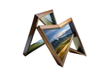 Jumbled wooden photo frames displaying nature scenes in assorted grain patterns, isolated on a transparent background