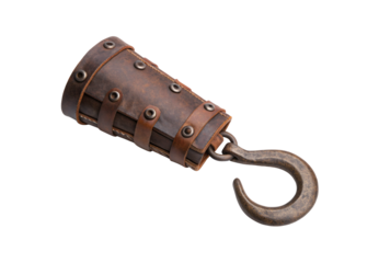 Brown leather gauntlet with metal hook attachment and decorative rivets, isolated on a transparent background