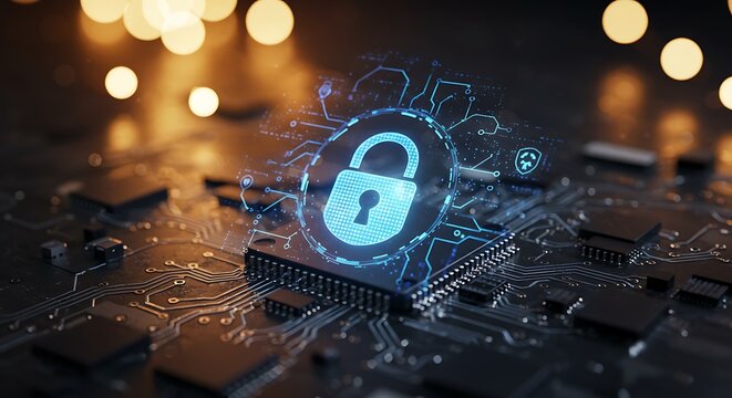 Digital security concept with a glowing padlock icon superimposed on a computer processor chip, symbolizing data protection and cyber defense