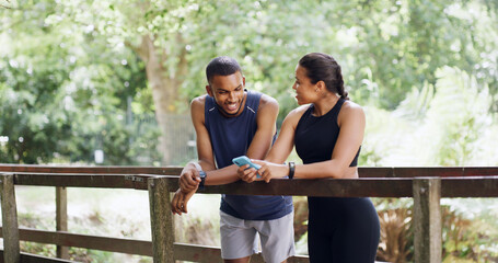 Bridge, smile and couple with cellphone, workout and bonding together with social media. Funny...