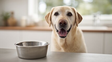 Labrador retriever dog sitting at a kitchen counter, happily panting and looking directly at the viewer, eagerly anticipating a meal next to an empty food bowl