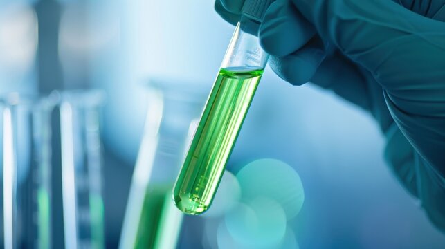A gloved hand holds a test tube containing green liquid. Laboratory equipment is visible in the background, suggesting a scientific research environment.