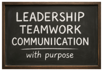 Chalkboard with words Leadership Teamwork Communication with purpose written in chalk blackboard isolated on a transparent background