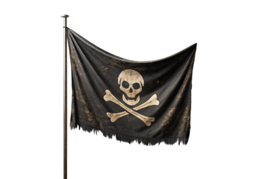 Weathered pirate flag with skull and crossbones on tattered black fabric, isolated on a transparent background