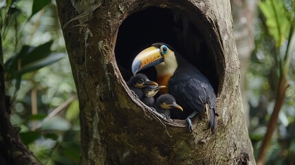 Naklejka premium A toucan feeding its chicks in a hollow tree in a tropical rainforest