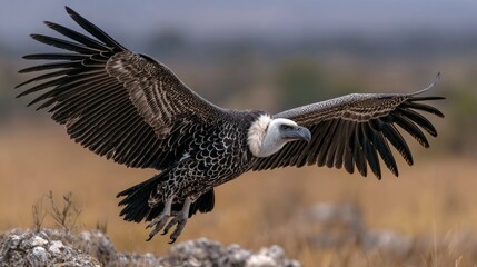 A large, scavenging raptor soars with its wings outstretched, showcasing flight