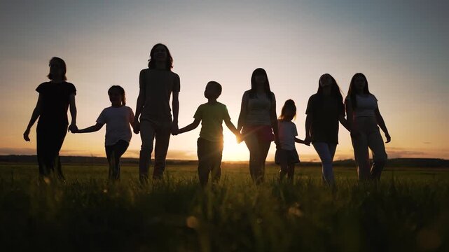 Holding hand across field at sunset family group silhouette with child parent sibling walking together in tall grass under glowing sky while person connection and unity convey warmth and joy
