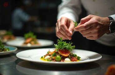 Young chef adding final touches to dish. Man in white uniform decorates plate with fresh herbs. Healthy food on white plate with vegetables and eggs.