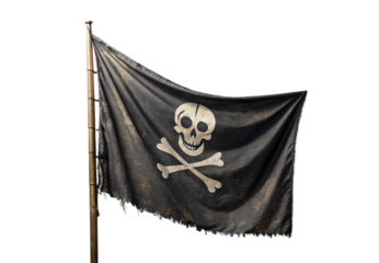 Weathered black pirate flag with skull and crossbones on bamboo pole, isolated on a transparent background