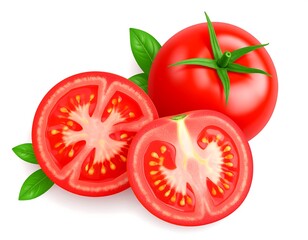 Fresh, vibrant tomatoes, some halved, with green leaves on white background