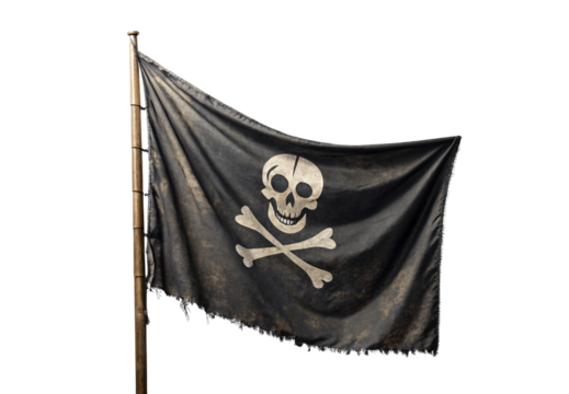 Weathered black pirate flag with skull and crossbones on bamboo pole, isolated on a transparent background