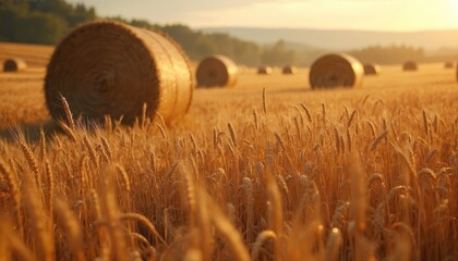 Golden wheat field with harvested straw bales illuminated by soft sunlight. Rolls of hay on agriculture land during sunset. Rural landscape with cultivated crops and warm atmosphere.