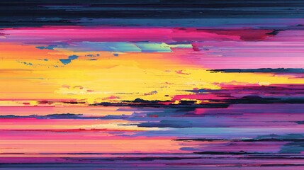 Abstract digital glitch art with a dynamic and chaotic feel. The image showcases an array of colors and distorted horizontal lines, creating a sense of digital malfunction and visual intensity