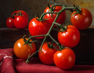 Fresh, vibrant tomatoes on vine, close-up with water droplets, on a red cloth