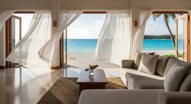 Luxurious beachfront living room with sheer curtains blowing in the breeze overlooking a tropical ocean.