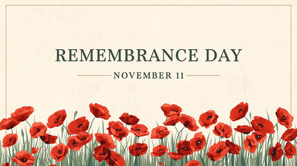 An elegant illustration for Remembrance Day shows a field of bright red poppies at the bottom, with a light, textured backgroud.
