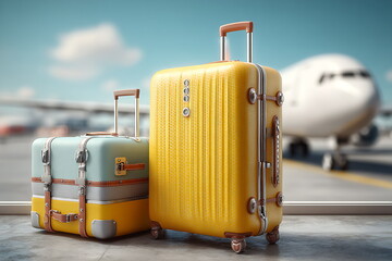 3d render of yellow and grey luggage with a suitcase next to a window at an airport, with an airplane in the background and a blue sky. travel concept.
